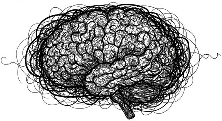 Tangled Thoughts: A Brain in Chaos - Abstract illustration of a brain overwhelmed by tangled lines, symbolizing mental stress, confusion, or complexity