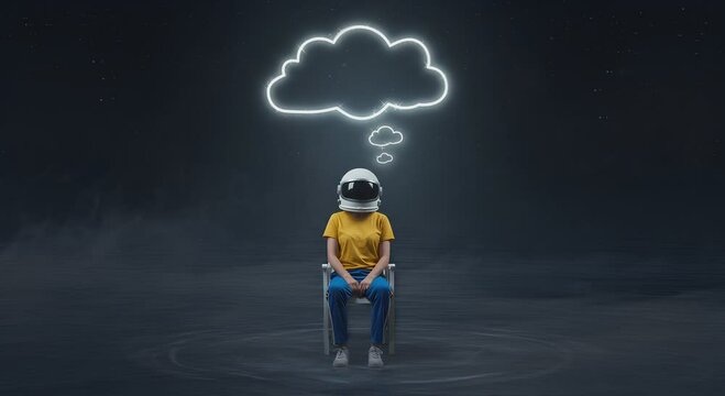 A person wearing an astronaut helmet sits on a chair with a glowing neon cloud-shaped thought bubble above, against a dark, foggy background. This conceptual image symbolizes thinking, ideas