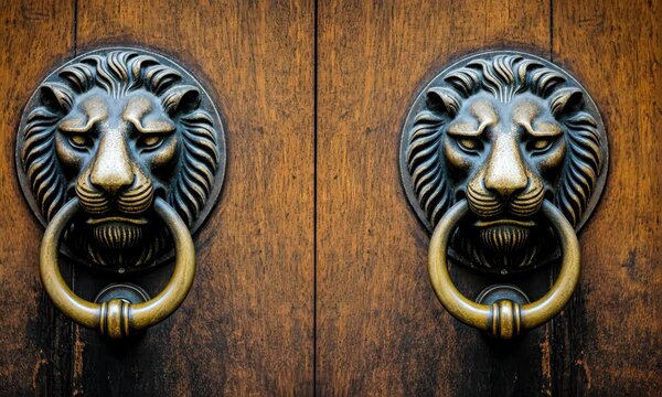Ornate lion head door knockers on wooden doors