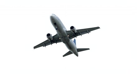 Passenger Airplane Taking Off Isolated On White Background Featuring Underside Details Against a Clean White Sky Ideal for Travel and Aviation Themes Optimized for Adobe Stock