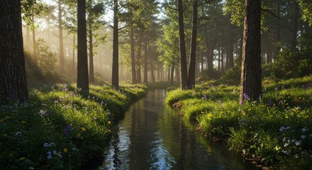 Obraz premium Tranquil Forest Stream at Dawn - Serene morning scene; sunlight filters through trees, illuminating a gentle stream flowing through lush greenery and wildflowers. Symbolizing peace, nature