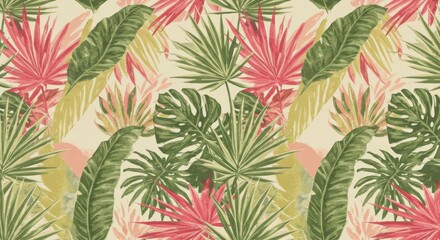 Tropical Paradise Leaf Pattern - Lush green and pink tropical leaves, a vibrant summer design. Symbolizing: Paradise, Relaxation, Nature, Abundance, Exuberance