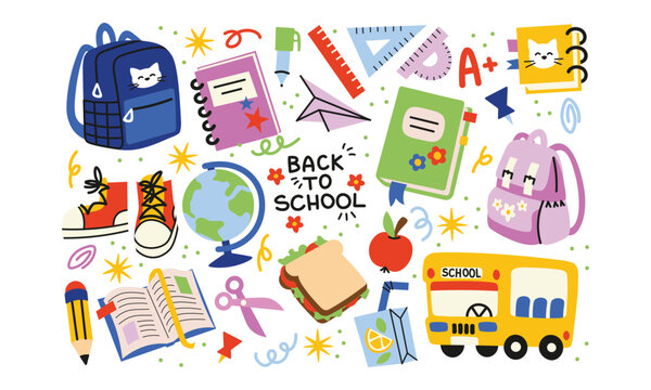 90s Retro Back-to-School Stickers. Trendy student characters, school supplies, and study essentials. Groovy university-themed patches and labels in nostalgic style.