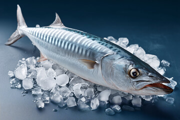 Fresh Barracuda on Ice: A glistening barracuda, fresh from the sea, rests on a bed of ice, showcasing its sleek, silver body and sharp teeth.