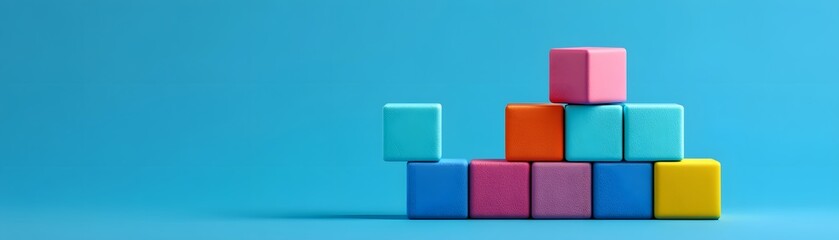 Obraz premium Colorful building blocks arranged creatively against a blue background. Ideal for children's education, playtime, or artistic projects, showcasing fun and creativity in design.