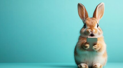 Obraz premium A charming bunny holding a smartphone stands against a bright background, reflecting the playful relationship between the natural world and modern technology.