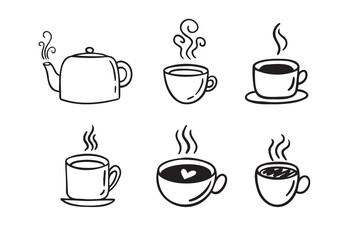 Hand drawn hot drinks set. Doodle coffee cups white background. Coffee, tea, cappuccino, espresso, latte, americano, hot chocolate