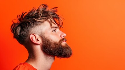 Fototapeta premium A male figure in profile exudes modern style and confidence, his dynamic hair contrasting beautifully with the warm orange background, signifying creativity and charisma.
