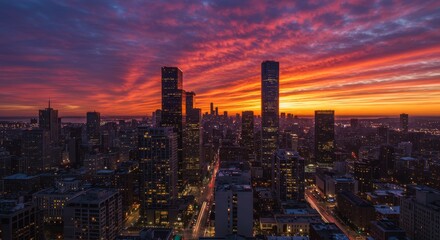 Obraz premium Urban Sunset Cityscape Panorama - Vibrant sunset colors paint the sky above a modern city. Symbols of ambition, progress, beauty, energy, and hope are depicted