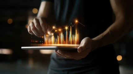 Man analyzing glowing financial graph on tablet at night