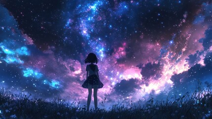 Obraz premium A young person gazes at a vibrant night sky filled with stars.