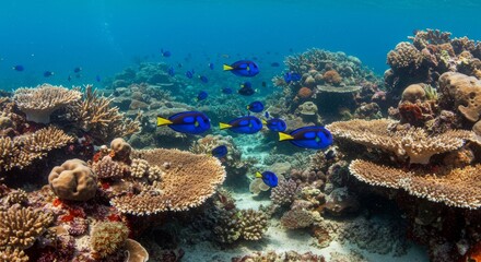 Naklejka premium Vibrant Coral Reef Scene - Stunning underwater shot of a coral reef teeming with colorful fish. Perfect for travel, nature, or marine life projects