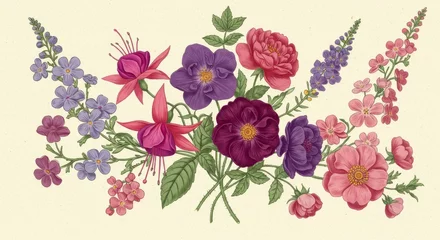 Fotobehang Vibrant Floral Bouquet Painting - A vibrant and colorful illustration of a floral bouquet, symbolizing beauty, nature, spring, growth, and romance © LittleDuck