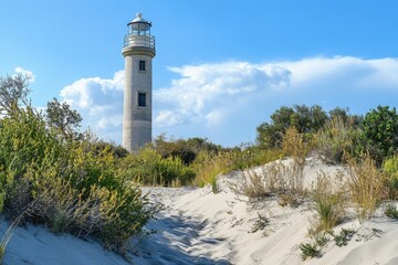 A white lighthouse stands tall on a sandy beach, surrounded by bushes and dunes, under a clear blue sky with fluffy clouds
