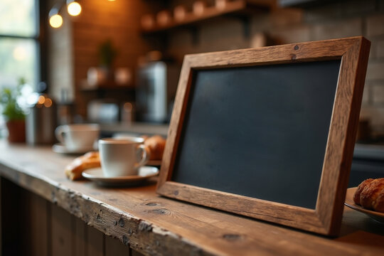 high-quality mockup of a chalkboard or wooden menu board with customizable text, leaning against a rustic cafe counter, surrounded by coffee cups and pastries