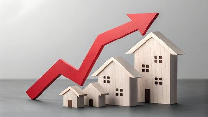 Real Estate Market Growth: A visual representation of the booming real estate market, showcasing a red arrow pointing upwards with three miniature model homes increasing in size.