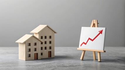 Real Estate Rising: A miniature wooden house alongside a rising graph on a canvas stand, showcasing property value, in a metaphorical representation of real estate growth.
