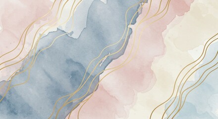 Fototapeta premium Watercolor Abstract Gold Lines WA7819 - Elegant watercolor painting with soft pink, blue, and beige tones. Features delicate gold lines, creating a flowing, luxurious design. Symbolizes serenity