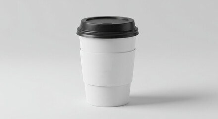 White Coffee Cup Mockup FR-4 - Blank white coffee cup with black lid and sleeve, perfect for branding and design. Symbolizes freshness, simplicity, branding, portability, and caffeine