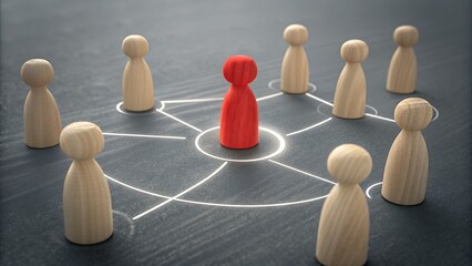 Obraz premium Networking Wooden Figurines: A visually striking depiction of a network, with a vibrant red figure at its center, surrounded by wooden figures.