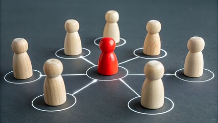 Obraz premium Leadership & Connection: A visual representation of the concept, featuring wooden figures connected through strategic circles.