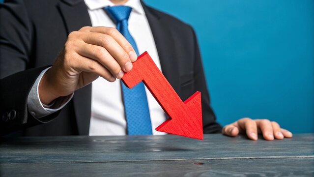Business Down: A businessman in formal attire gestures downward with a red arrow, a striking visual representation of decline. This image speaks of financial challenges, economic downturns.