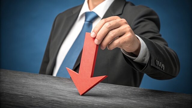 Financial Decline: A businessman in a suit presents a red arrow pointing downward, symbolizing market decline or business downturn. Capturing the essence of economic instability and potential loss.