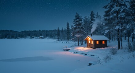 Winter Cabin by Frozen Lake at Night - A cozy cabin glows warmly against the backdrop of a frozen lake under a starlit winter sky. Perfect for winter wonderland, travel, and nature themes