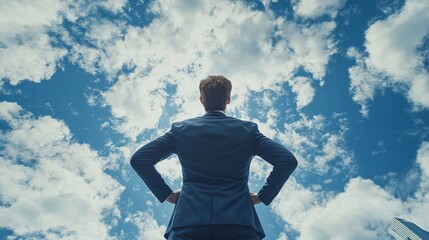 A businessman, dressed in a suit and standing before a skyscraper, is deep in thought, contemplating the future prospects and possibilities of his business