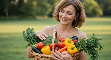 Woman Holding Basket of Fresh Vegetables - Healthy eating, gut health, wellness, nutrition, and fresh produce are symbolized in this of a woman happily holding a basket of colorful vegetables