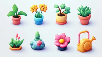 Collection of colorful potted plants and gardening tools.