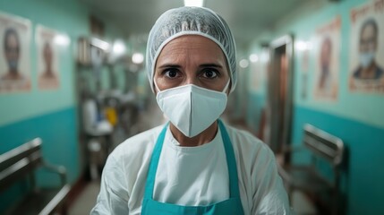 A focused healthcare worker in a mask and surgical attire stands in a hospital corridor, embodying dedication, care, and professionalism in the medical field.