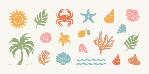 Vintage vector summer set with hand-drawn boho palm tree, sun, sea, shells, coral, and crab in a groovy naive style. Perfect for surf clubs, vacations, travel, and tropical-themed prints. © Bochana