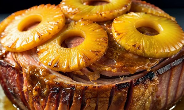 Close-up of baked ham topped with pineapple rings