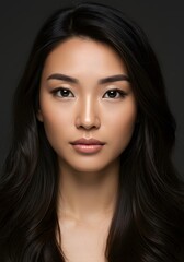 Obraz premium Portrait of a Beautiful Asian Woman with Dark Hair, Glowing Skin, and Elegant Facial Features.