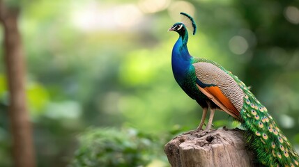 Obraz premium Peacock perched on log in lush forest
