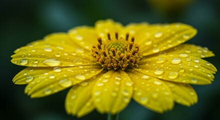 Obraz premium Yellow Flower Dew Drops Close Up - Freshness, purity, nature's beauty, new beginnings, vibrant life. A close-up of a yellow flower covered in water droplets