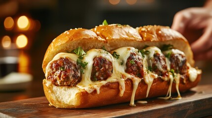 An appetizing meatball sandwich stacked with gooey cheese and garnished with fresh herbs, served on a wooden board, showcasing comfort food at its best.