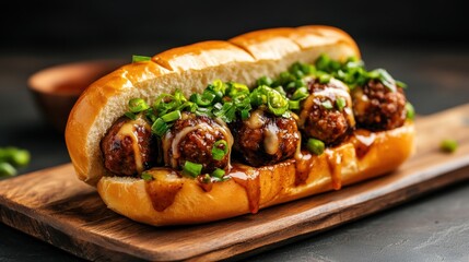 A delicious meatball sub featuring perfectly cooked meatballs, drizzled with flavorful sauce and garnished with fresh green onions, creating a mouthwatering visual appeal.