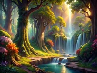 Enchanted Forest Waterfall: Magical Fantasy Digital Painting Background