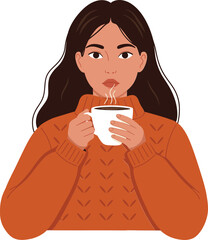 Woman wearing orange sweater holding steaming cup of coffee in portrait vector illustration 