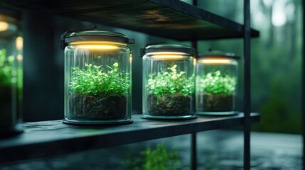 A collection of terrariums filled with vibrant green plants. Each jar encapsulates a mini ecosystem, symbolizing growth, sustainability, and the beauty of nature in a modern context.