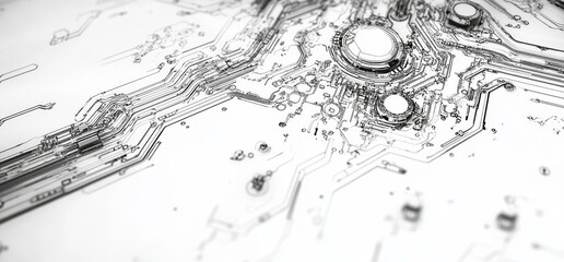 Fototapeta premium Technical circuit drawings set against an abstract black and white background