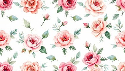 Delicate watercolor roses & leaves, repeat pattern, beauty, watercolor
