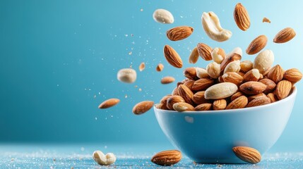 A beautiful arrangement of assorted nuts is captured in mid-air above a light blue bowl, emphasizing the rich textures and diverse flavors of this nutritious snack.