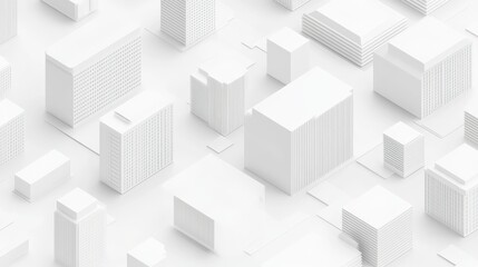This image is a computer-generated 3D representation of a contemporary, spotless white city set against a white backdrop