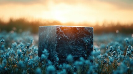 A stunning marble cube stands solitary in a field of blue flowers, illuminated by the warm glow of a sunrise, evoking feelings of tranquility and introspection.
