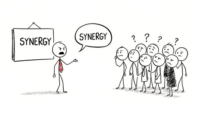 A frustrated speaker explains the concept of synergy to a confused audience in a cartoon style