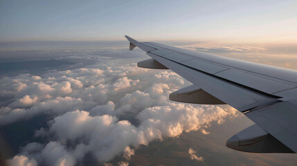 Obraz premium Golden Hour View from Airplane Window with Clouds and Wing
