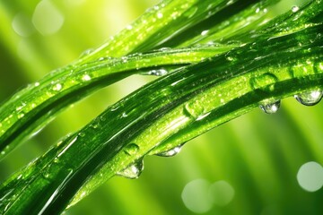 Naklejka premium Fresh vibrant grass blades with water droplets